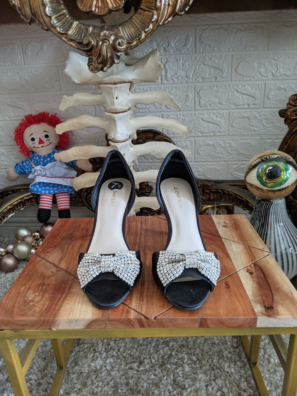 Le Chateau Black Peep-Toe Heels with Crystal Bow Pin Up